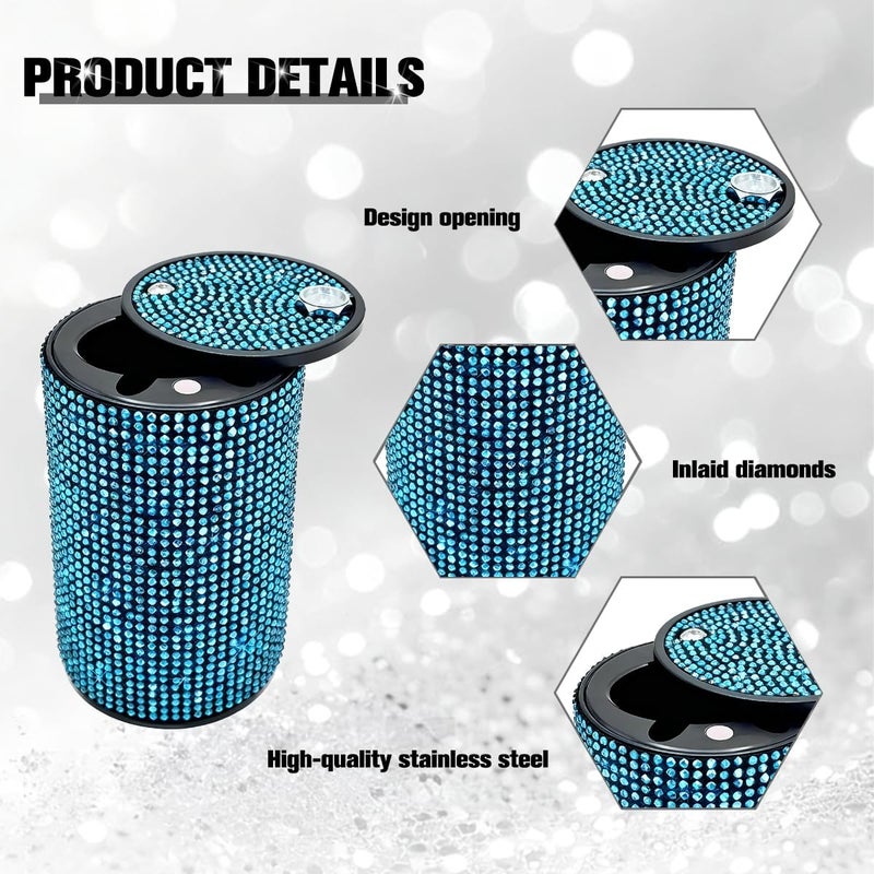 FALVFUN Bling Car Ashtray, Rhinestones Smokeless Smell Proof Vehicle Cup Holder Ash Tray with Lid, Sparkling Diamond Portable Automotive Interior Ashtray, Universal for SUV RV Truck (Light Blue) - Image 2